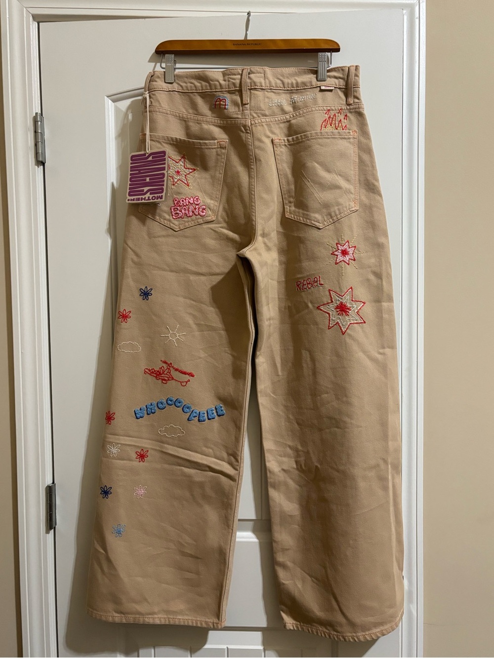 MOTHER Beige Embroidered Wide-Leg Jeans with Multicolor Motifs - Picture 3 of 4